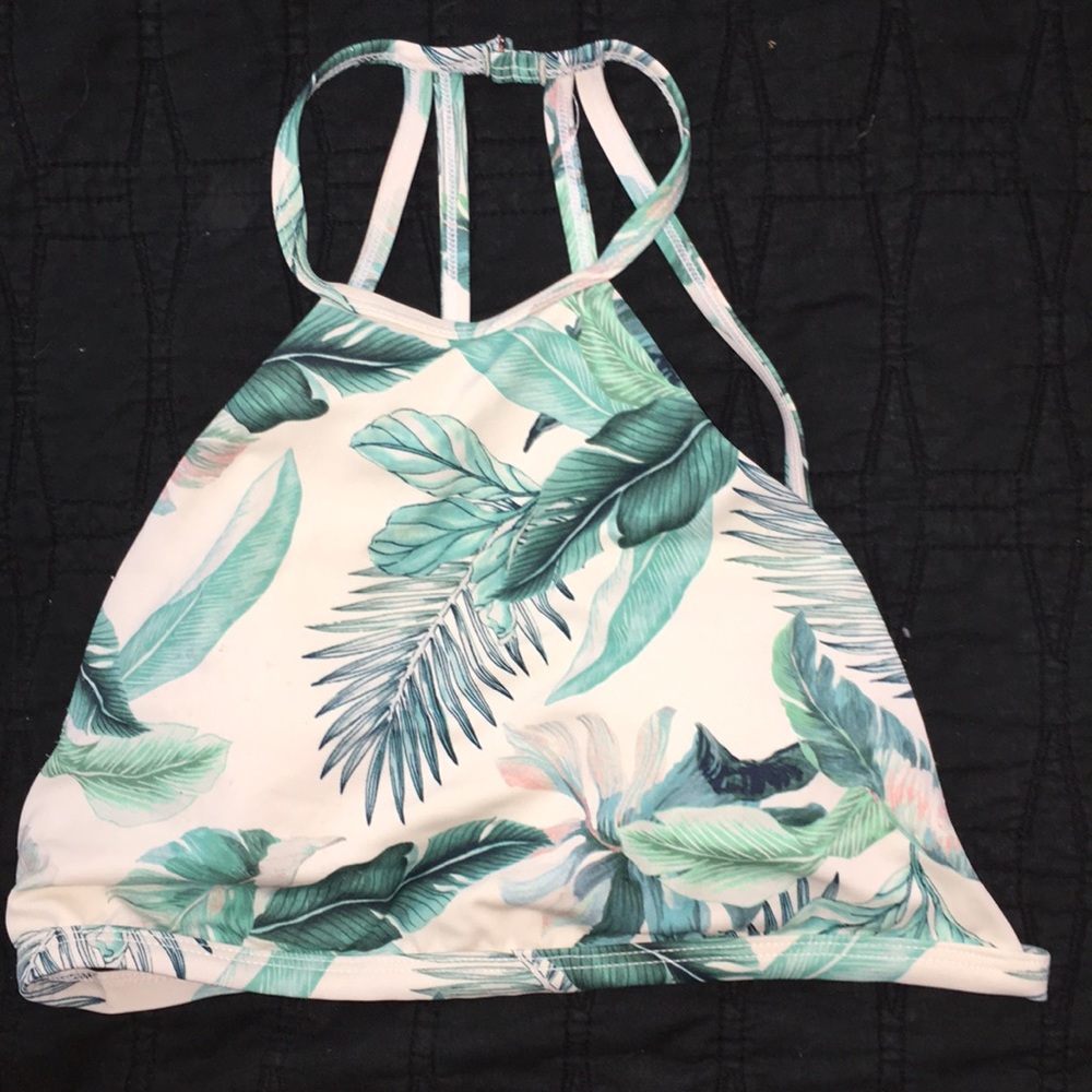 White halter bikini top with green leafs